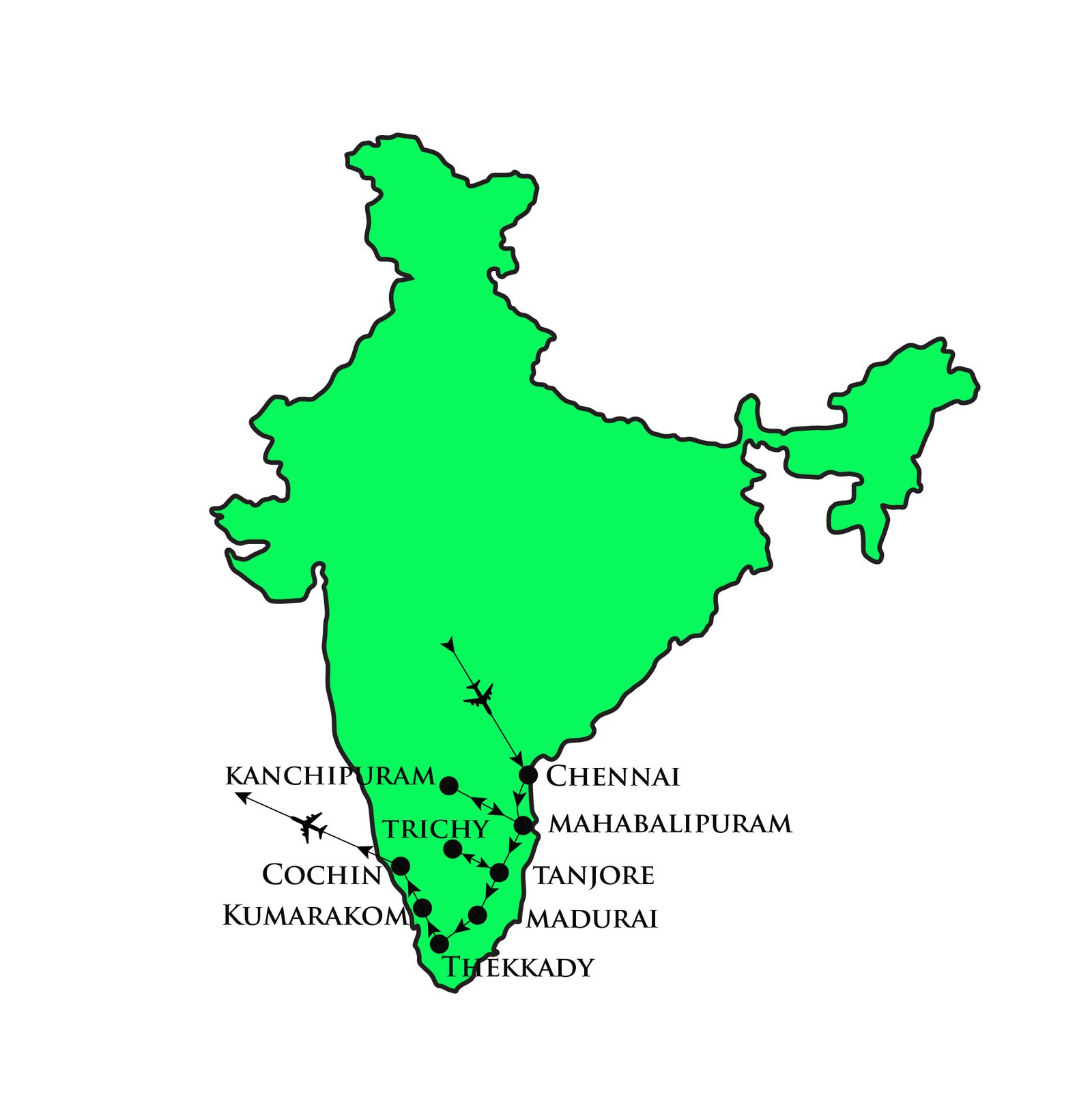 Map of South India itinerary